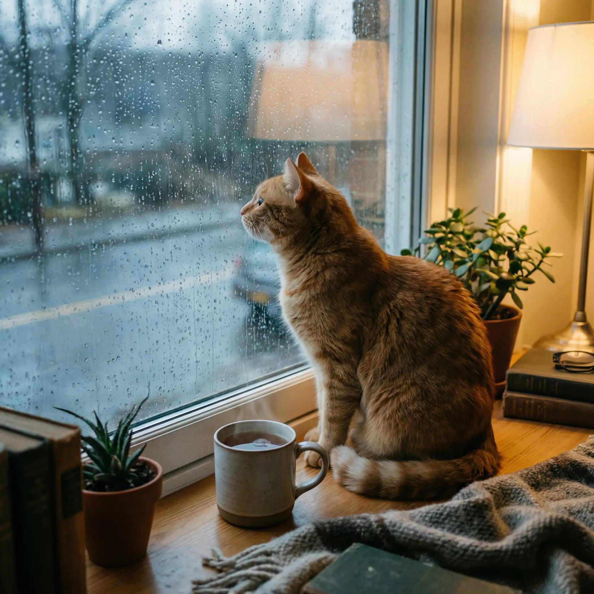猫咪望着窗外的雨 - 小鱼出装